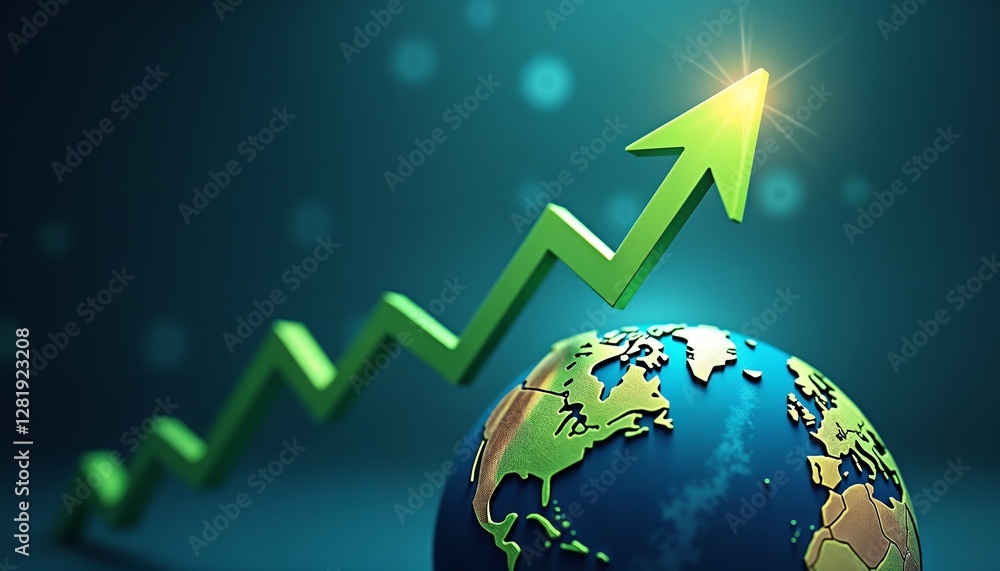 Poster dynamic market concept with green arrow pointing upward over a globe on gradient blue background