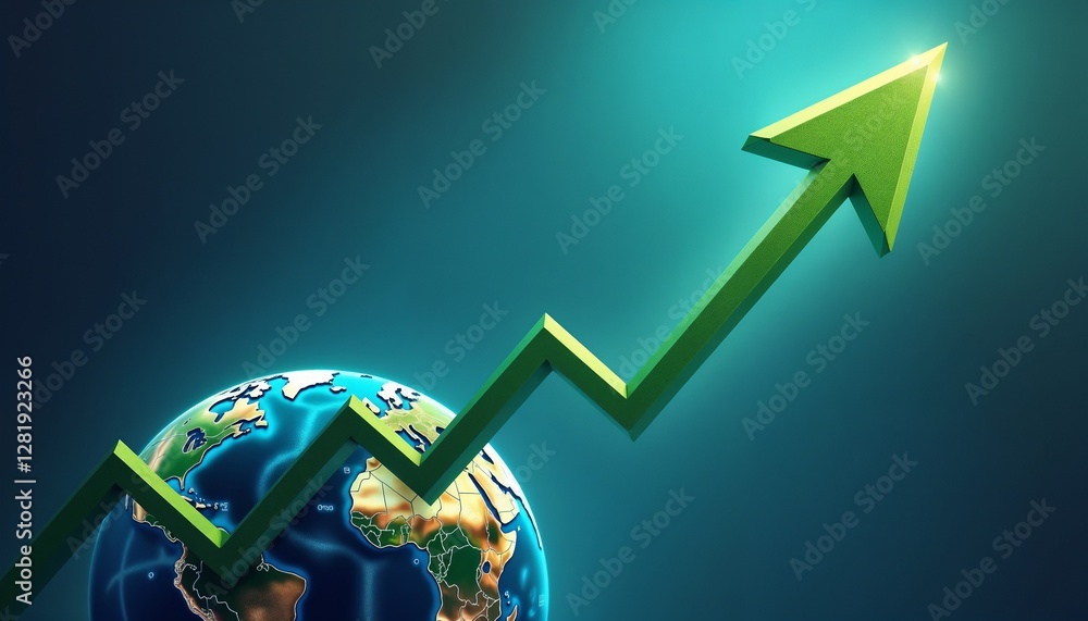 Poster dynamic market concept with green arrow pointing upward over a globe on abstract gradient blue backg