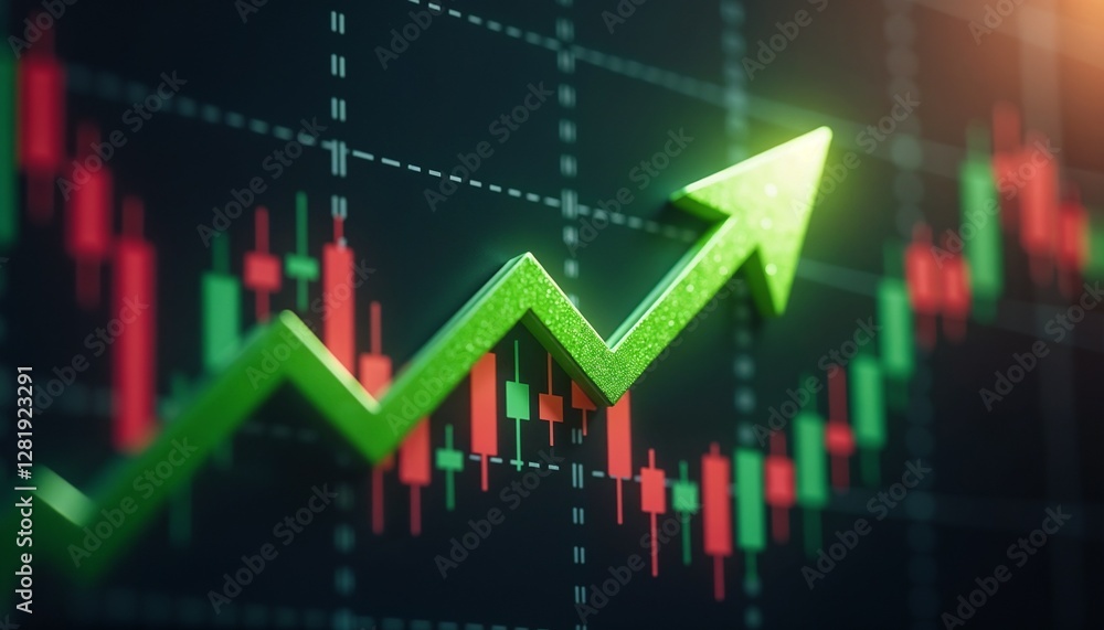 Poster dynamic financial action with green arrow shooting upward through red and green candlestick patterns