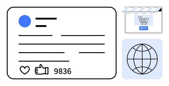 Social media post detailing thumbs ups, global connectivity icon, and online shopping. Ideal for digital marketing, e-commerce, global business, social media management, user engagement strategies - Powered by Adobe