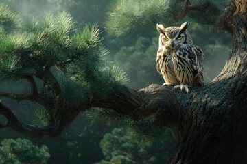 Obraz premium Majestic owl perched on misty forest branch