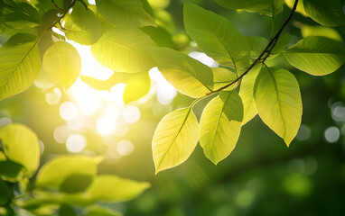 Lush spring leaves glowing in the sunlight, capturing the vibrancy and vitality of the season