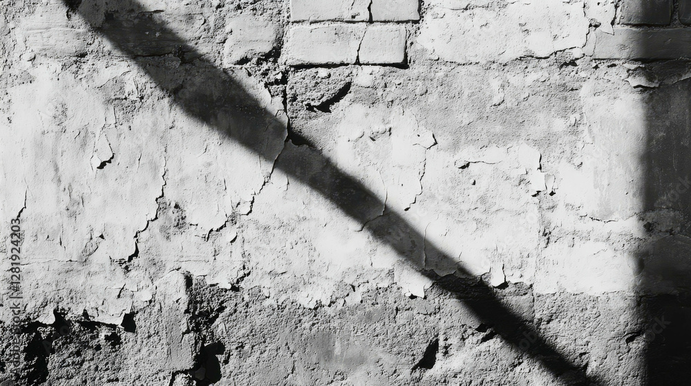 Poster weathered brick wall with white peeling stucco and shadow patterns for rustic design background