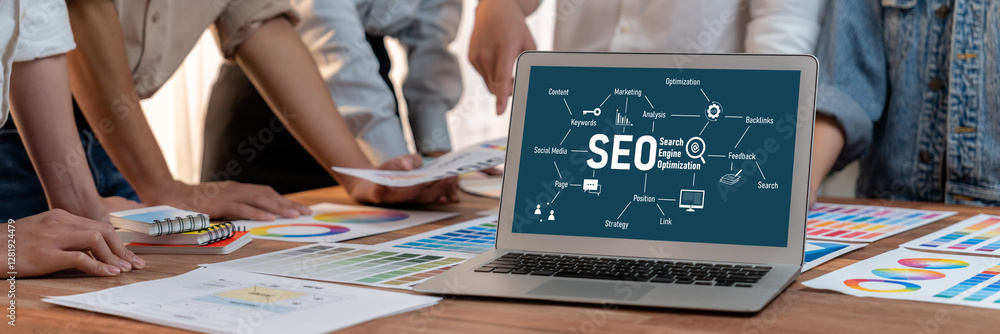 Poster SEO search engine optimization for brisk e-commerce and online retail business showing on computer screen