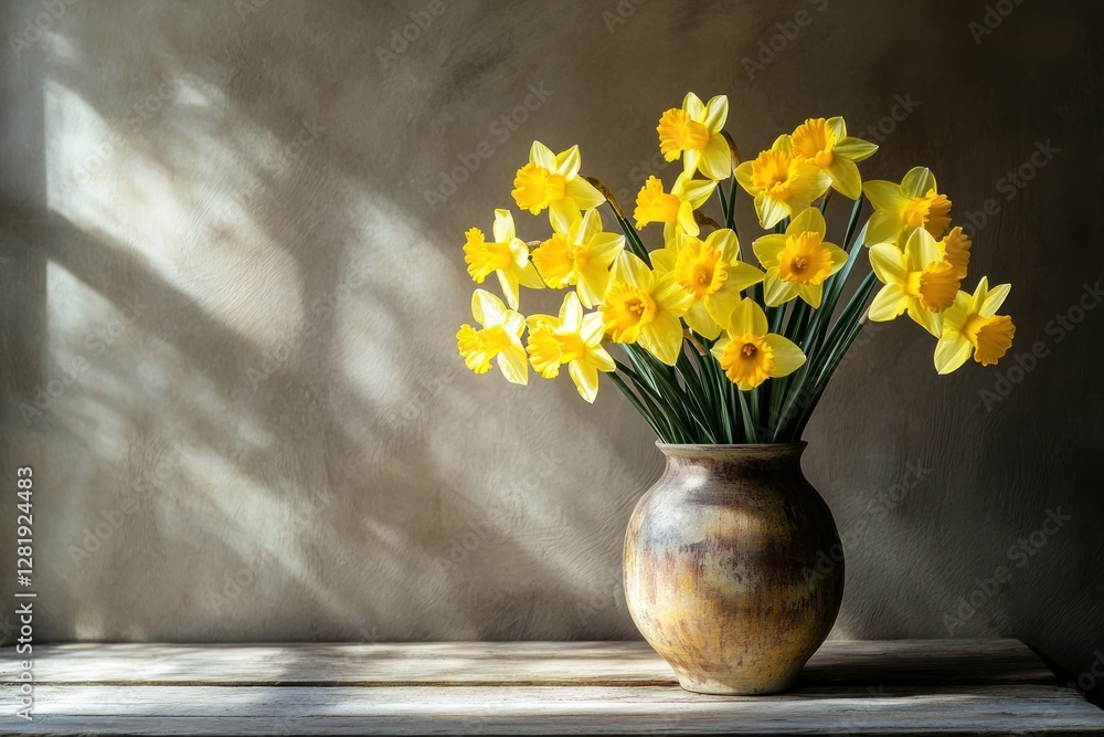Poster bright yellow daffodils in rustic vase with soft shadows on neutral background