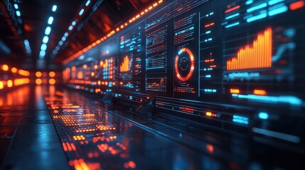 Futuristic data center corridor with glowing screens displaying analytics and graphs