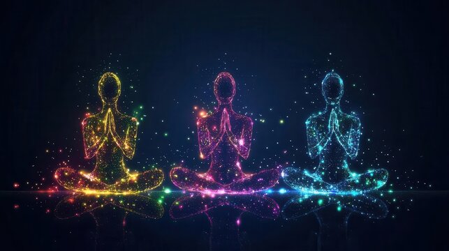 Experience unity in diversity, holographic religious symbols in prayer, minimalistic vector art