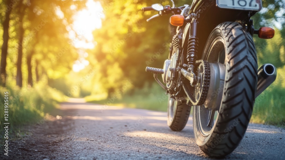 Poster motorcycle parked on a sunlit path surrounded by trees during late afternoon. generative ai