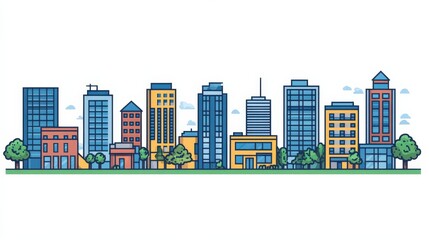 Fototapeta premium Vibrant city skyline illustration featuring diverse buildings and greenery under a clear sky