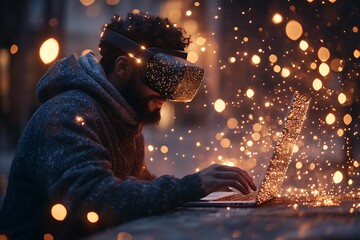 Man using VR, laptop, night city