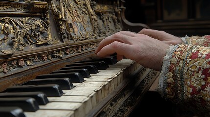 Baroque piano, hands playing, ornate room, music history