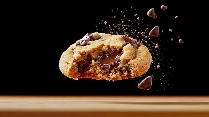 A delicious chocolate chip cookie with a bite taken out, mid-air, against a black background. Melted chocolate is visible.
