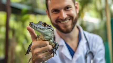 Veterinarian examining a baby alligator with a smile
