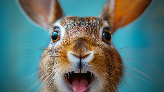 close up of surprised rabbit with wide eyes and open mouth, set against vibrant blue background. rabbit fur is detailed, its expressive features and playful demeanor