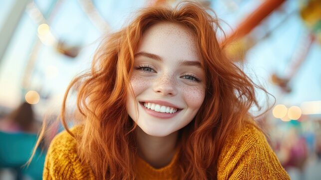 A radiant girl with bright red hair and a sweet smile sits in a whimsical setting, capturing youthful exuberance and a flair for fun in her delightful surroundings.