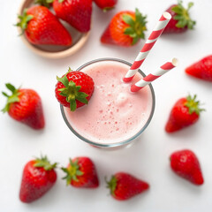 Leckerer Erdbeermilchshake und Erdbeeren von oben fotografiert.