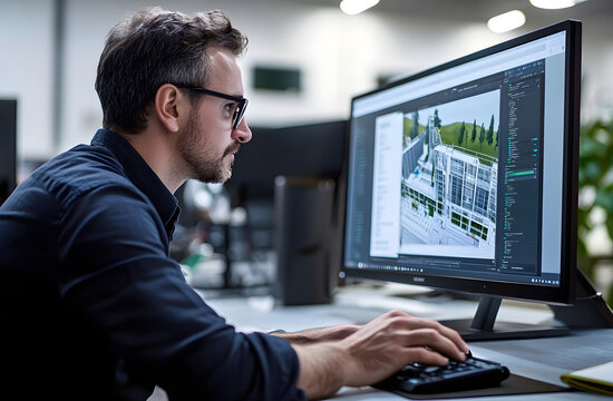 Focused engineer works on computer. Male designer analyzes 3D technical design on desktop monitor. Engineer uses CAD software. Pro in tech industry reviews building product layout. Facility designer
