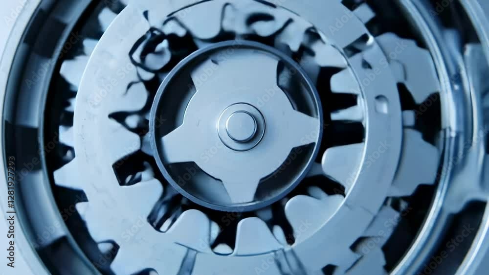 Poster Metallic gears of intricate industrial mechanism rotating slowly, revealing precision engineering and complex mechanical design in close up view