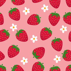 Seamless pattern with strawberries and green leaves for fashion printing, vector illustration