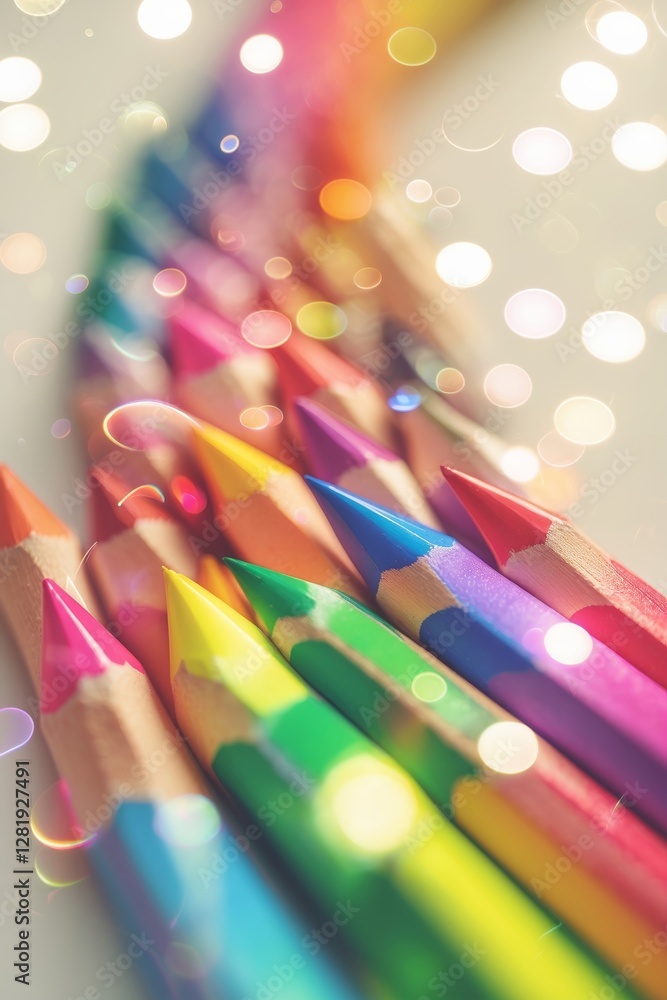 Poster colorful pencils arranged in a rainbow pattern with shimmering bokeh effect background for artistic 