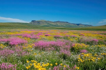 Obraz premium Expansive Wildflower Meadow Under Clear Blue Sky with Mountainous Background