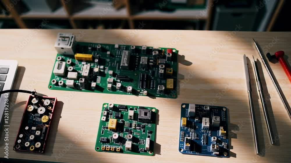 Poster electronic components and precision tools lie on a wooden table, illuminated by natural light, creat