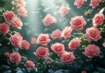  Lush Pink Roses Bathed in Soft Sunlight with Green Leaves Creating a Serene Atmosphere