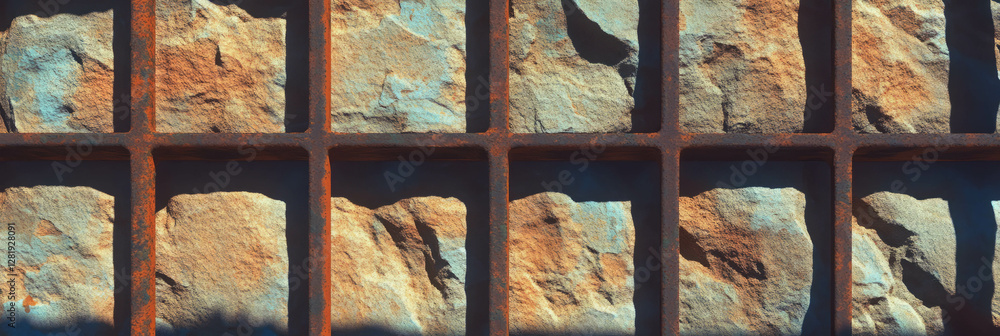 Poster rustic metal grid and textured stone background for architectural design