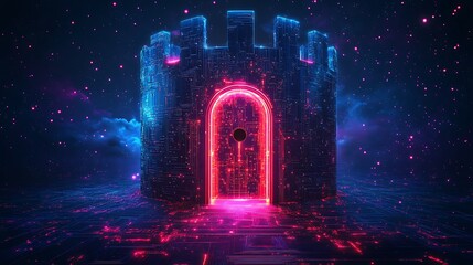 Cyber Castle Gate, Night, Fantasy, Digital Art