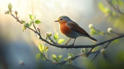 A robin perched delicately on a tree branch, surrounded by the first buds of spring, with soft morning light filtering through the fresh greenery.