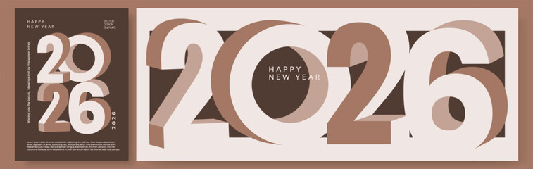 Happy New Year 2026 modern trendy poster set with numbers. Creative concept of banner, cover for calendar. Design template with typography in coffee brown color