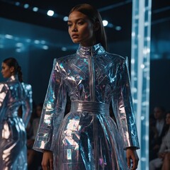Holographic clothing trends in a high-tech AI-driven fashion show
