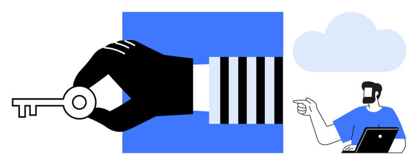 Hand holding key with blue background, man with laptop pointing to cloud icon, representing access, security, and technology. Ideal for digital security, cloud computing, data access, business