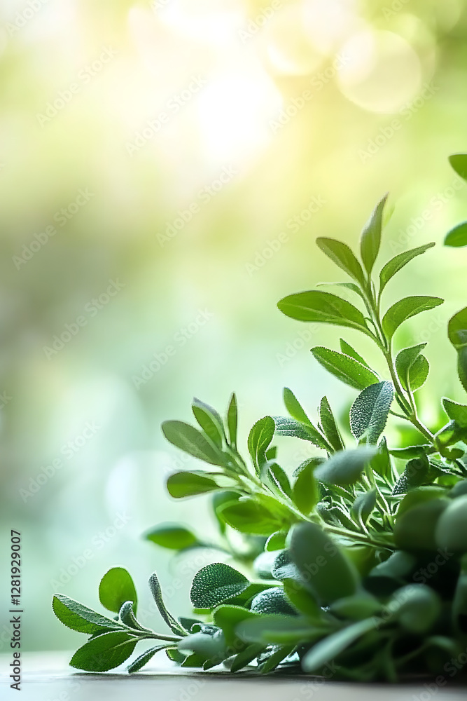 Poster A gentle abstract background featuring fresh green herbs with soft light and subtle bokeh effects, creating a serene atmosphere