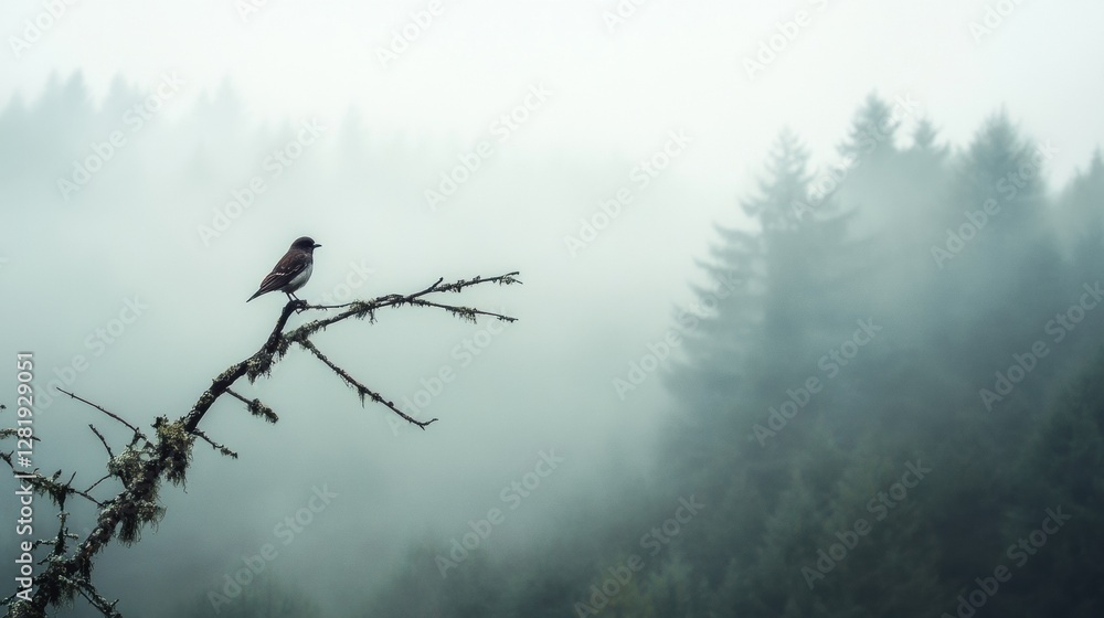 Poster Lone bird perched on a dead tree branch in a misty forest at dawn with space for text. Generative AI