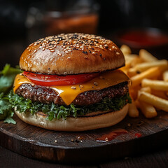 delicious cheeseburger with lettuce, tomato, and fries on wooden board. sesame seed bun adds texture, while melted cheese enhances flavor
