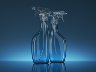 Clear plastic spray bottles. 3d illustration on blue gradient background