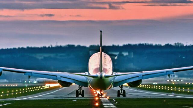 Slow motion shot of landing jet liner, rear view from end of runway. Passenger plane fly dow