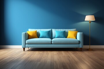 arafed blue couch with yellow pillows in a blue room