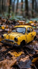 Fototapeta premium Rusty toy car autumn forest leaves
