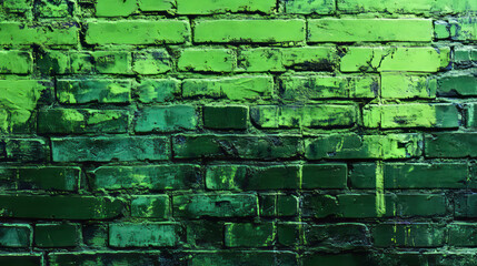 Vibrant green textured painted old brick wall for creative backgrounds