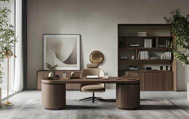Modern home office setup with a stylish desk, bookshelves, plants, and decor in a 3D-rendered space