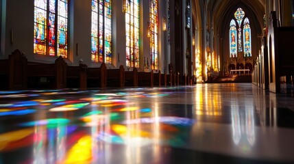 A church with stained glass windows and a long aisle