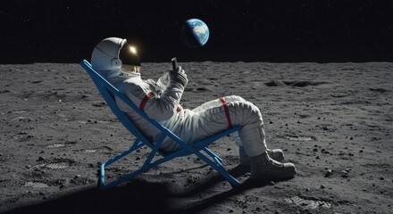 Astronaut sits on  Moon surface enjoying view of Earth