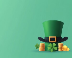 St. Patrick's Day green hat with gold coins and shamrock clovers for festive decor, featuring a cheerful St. Patrick's Day composition with traditional St. Patrick's Day symbols and charm