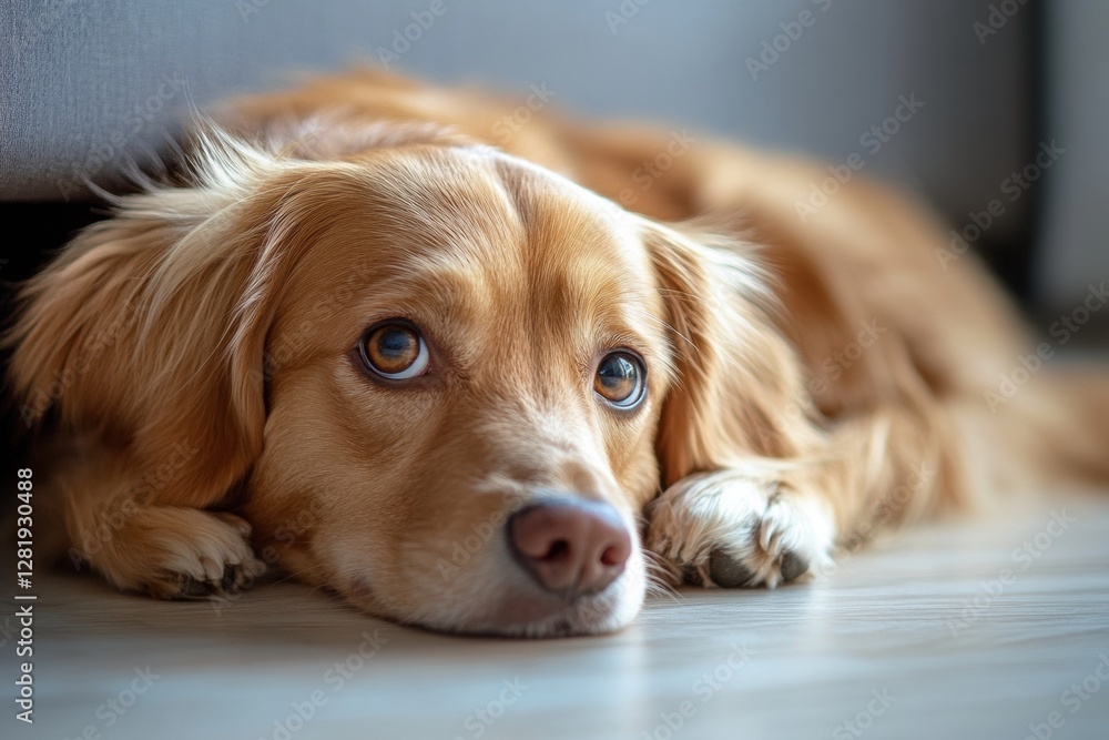 Poster golden retriever mix resting on the floor near furniture in a bright indoor setting during daytime. 