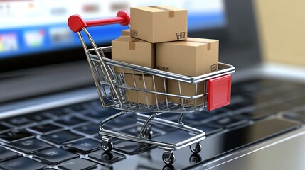 Digital retail and order fulfillment process symbolized by a small shopping cart full of boxes on a modern laptop. -
