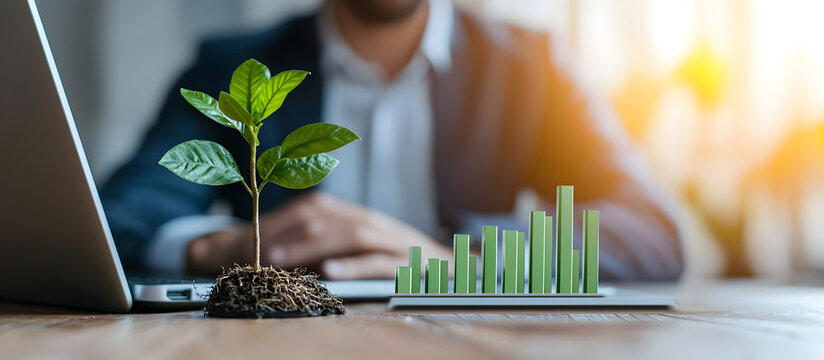 A man is sitting at a desk with a laptop and a plant - Powered by Adobe