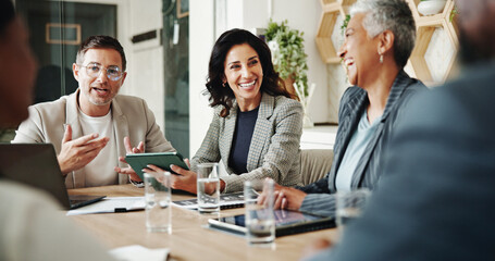 Happy, corporate and business people in meeting with manager for feedback, strategy and project....