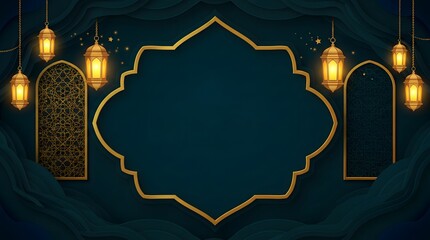 Luxurious Dark Blue and Gold Islamic Background with Lanterns, Crescent Moon, and Ornamental Arch with Space 